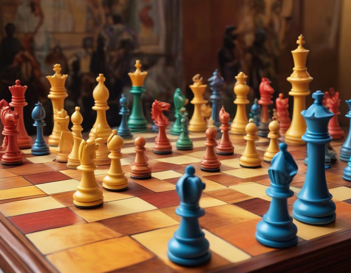 A dynamic chessboard scene where vivid hentai art influences the strategic arrangement of chess pieces. Characters from anime-inspired illustrations are depicted as the chess pieces, displaying vibrant colors and playful expressions. The backdrop features a surreal blend of a chess tournament setting with whimsical hentai motifs, creating a unique contrast between strategy and fantasy. The atmosphere is lively and engaging, inviting viewers into the whimsical battle of minds. 3D. vibrant colors. super-realistic.