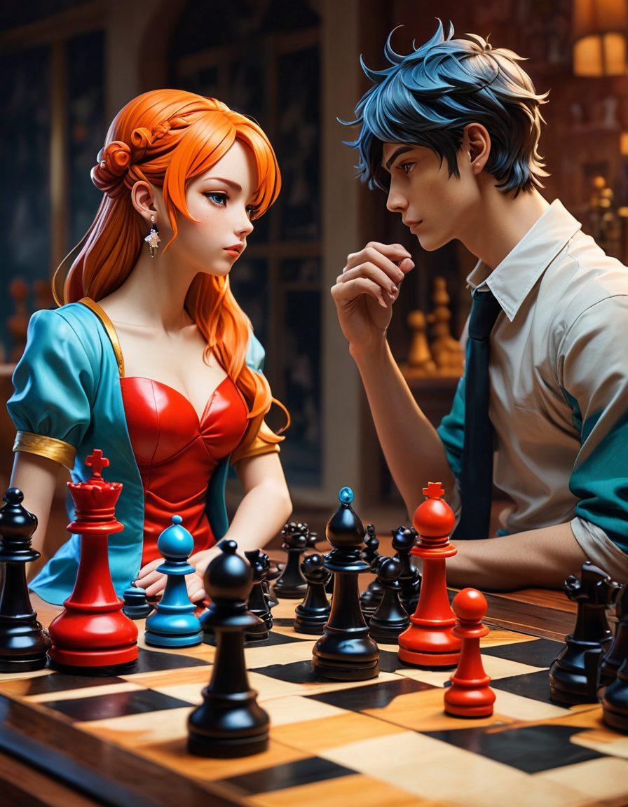 A chessboard setting with strategically placed chess pieces in a playful, surreal manner, featuring illustrations inspired by hentai art style. In the background, blurred abstract graphics symbolize strategic thinking, with hints of colorful anime characters contemplating moves. Capture a vibrant, dynamic energy that reflects the influence of hentai on chess. super-realistic. vibrant colors. anime style.