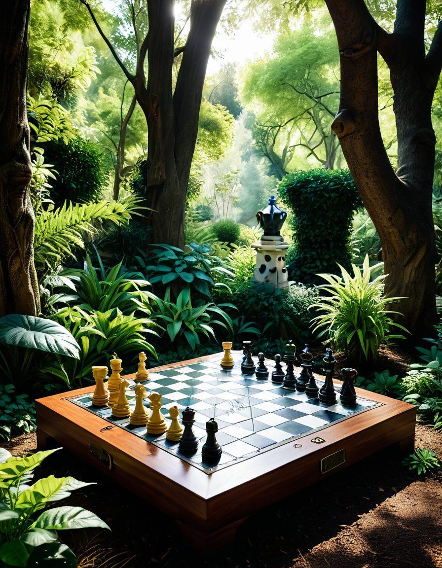 A whimsical chessboard set in a lush garden where the pieces are gracefully designed adult art sculptures, blending classical and modern aesthetics. Each chess piece showcases intricate details and colors, interacting with playful elements like oversized dice and tactical game maps scattered around. The background features soft sunlight filtering through trees, enhancing the serene yet strategic atmosphere of the scene. 3D rendering. vibrant colors. whimsical style.